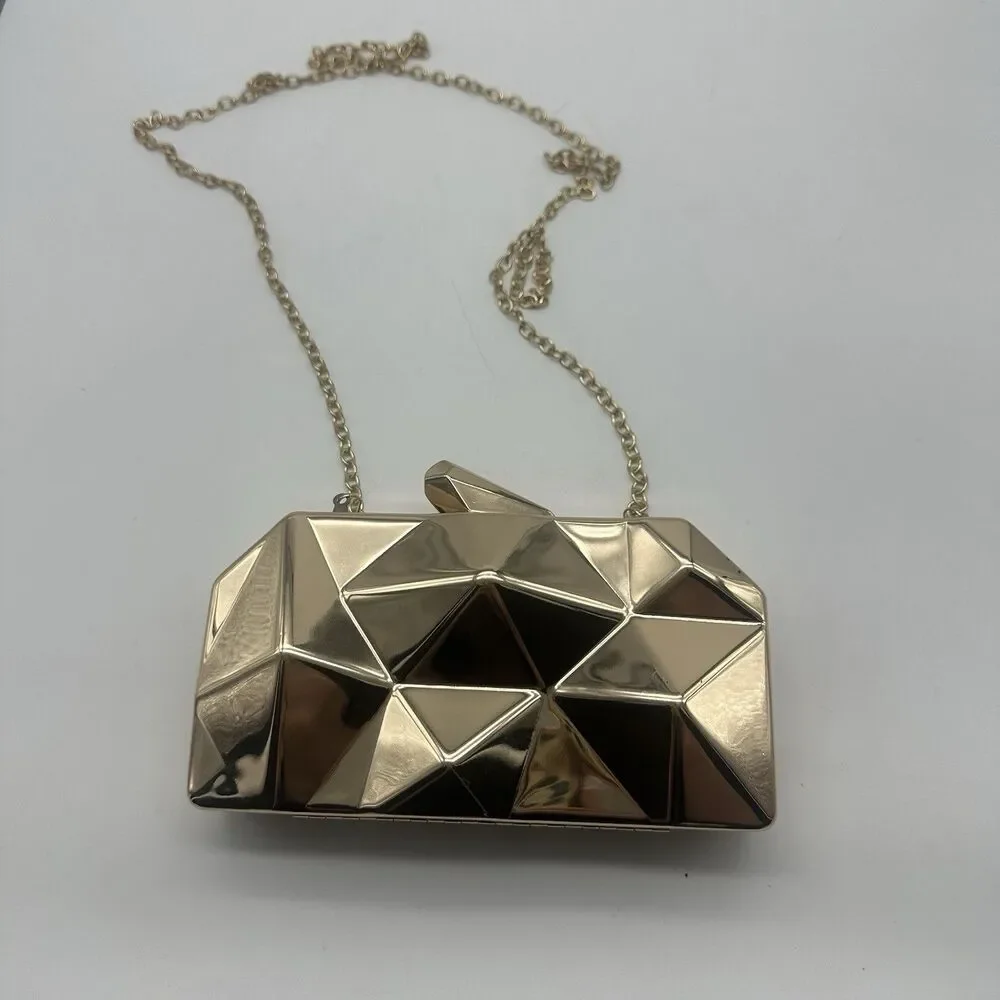 Womens Geometric Pattern Metal Handbag Diamond Evening Clutch Bag Gold